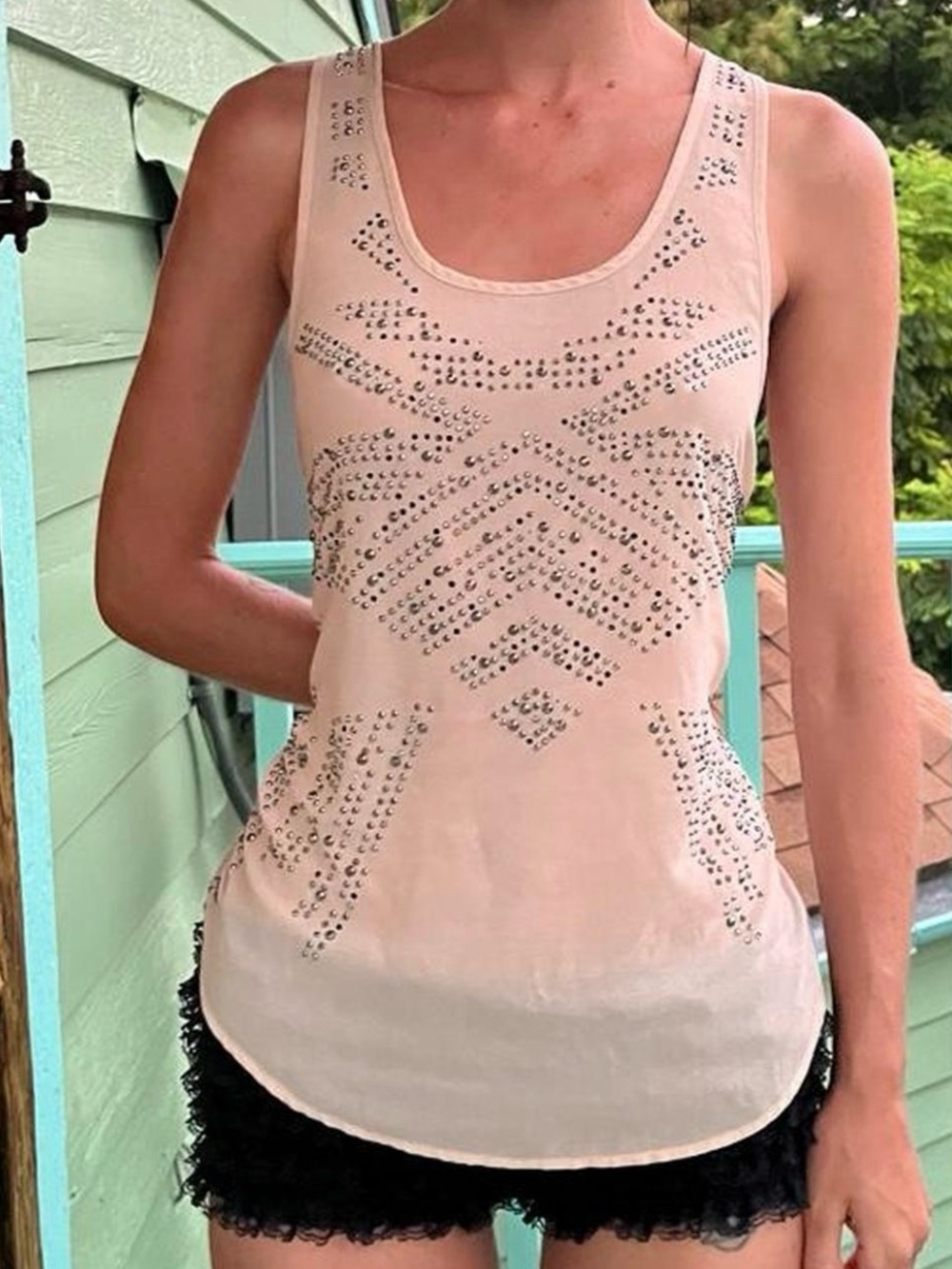 Studded Cream Tank Top - Women's Casual Scoop Neck